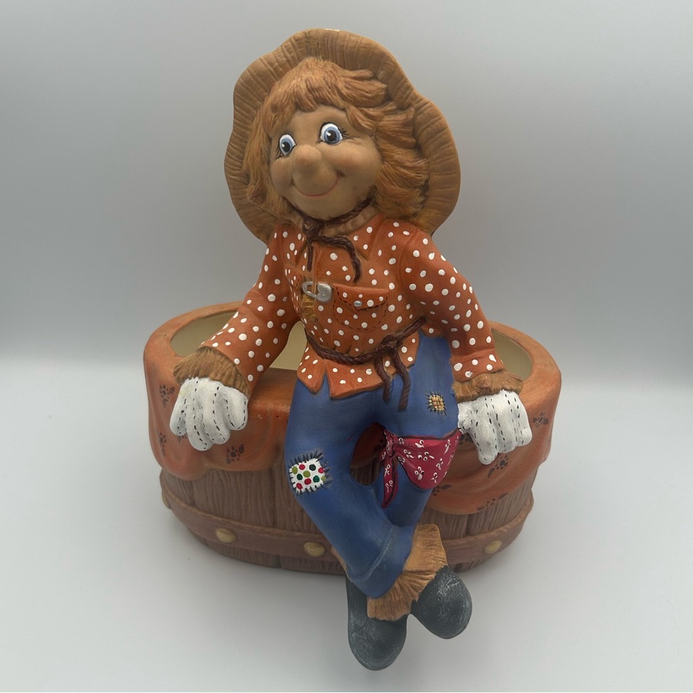 Hand-Painted Ceramic Scarecrow Sitting on a Bowl/Planter